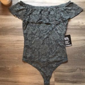 Express Lace Bodysuit Gray Off Shoulder Small NWT